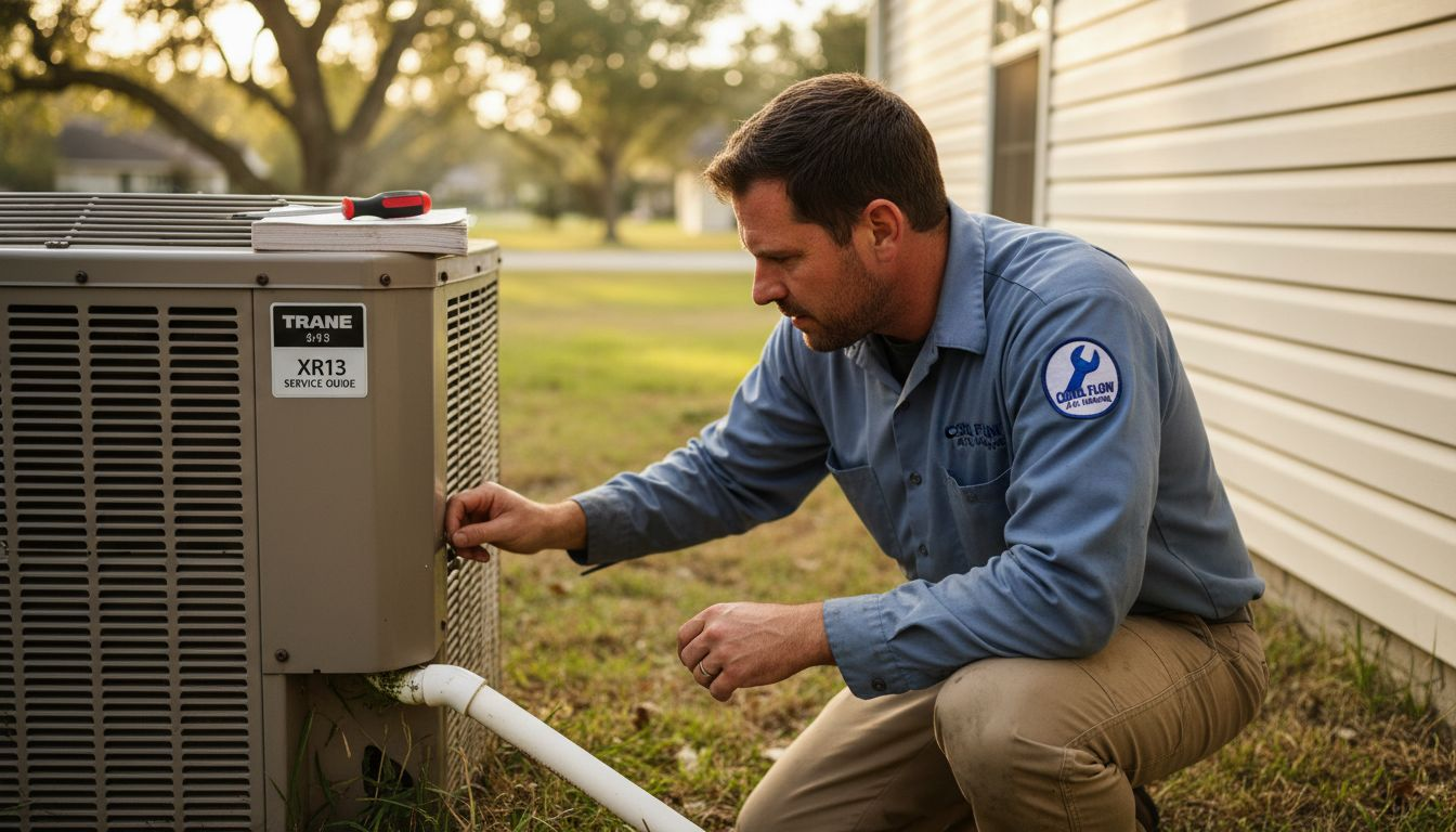 Technician inspects AC condensation drain outdoors