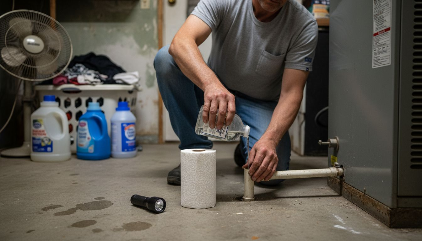 Homeowner cleaning AC condensation drain indoors