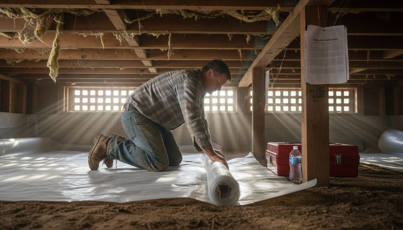 Contractor installing vapor barrier under home