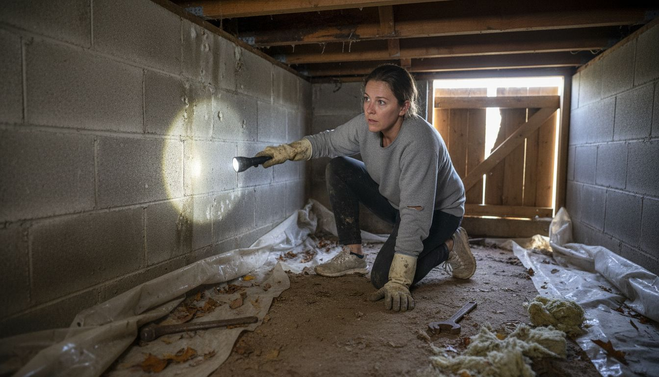 Homeowner checking crawlspace moisture and mold
