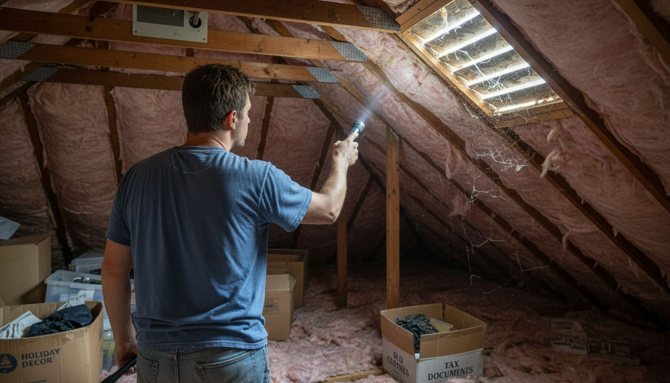 Homeowner spotting moisture stains in attic