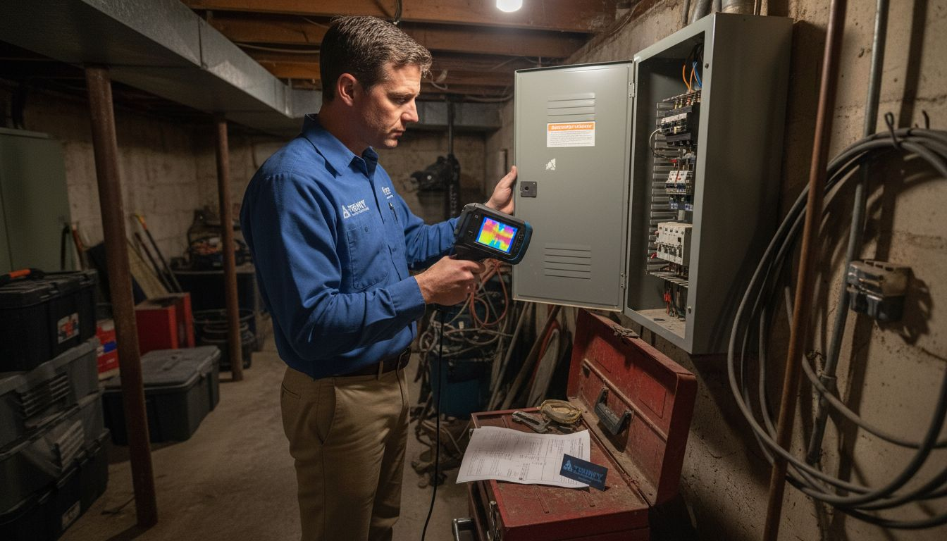 Inspector scanning basement with thermal imaging tool