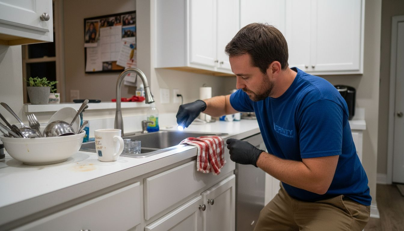 Homeowner checks clogged kitchen sink disposal