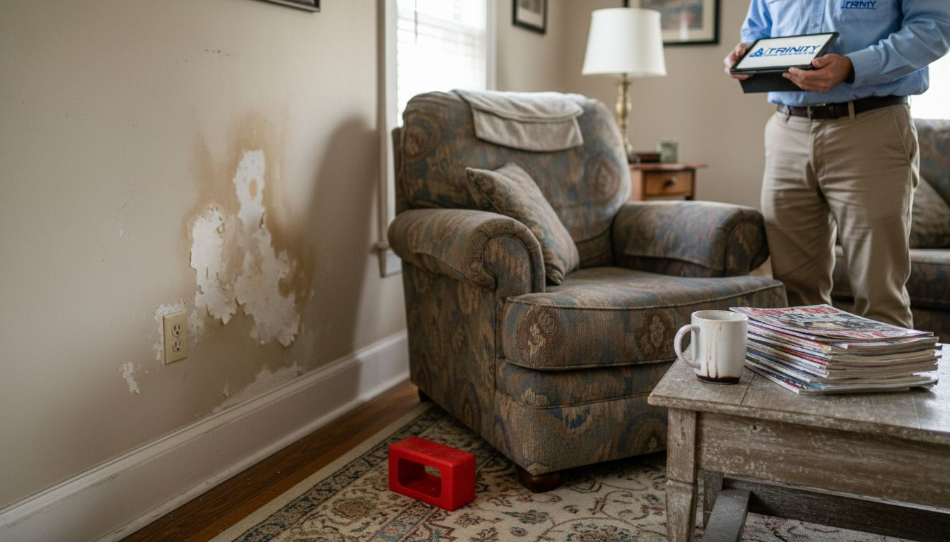 Water stained wall and household clutter