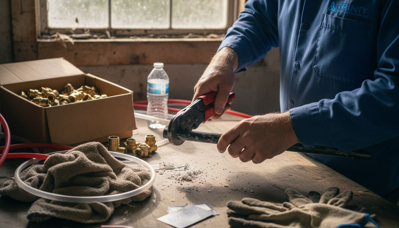 Cutting damaged PEX pipe on cluttered bench