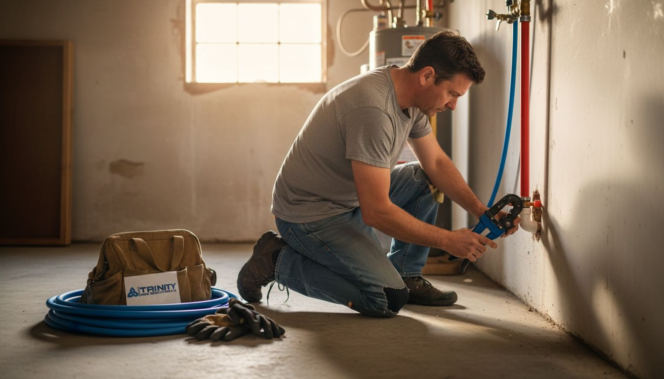 Homeowner repairing PEX plumbing with crimp tool