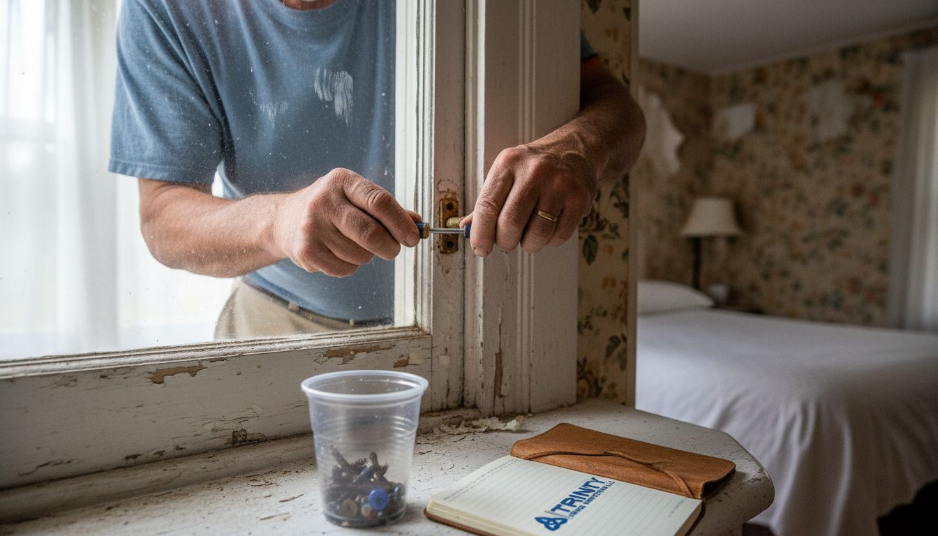 Close-up of unscrewing old window latch