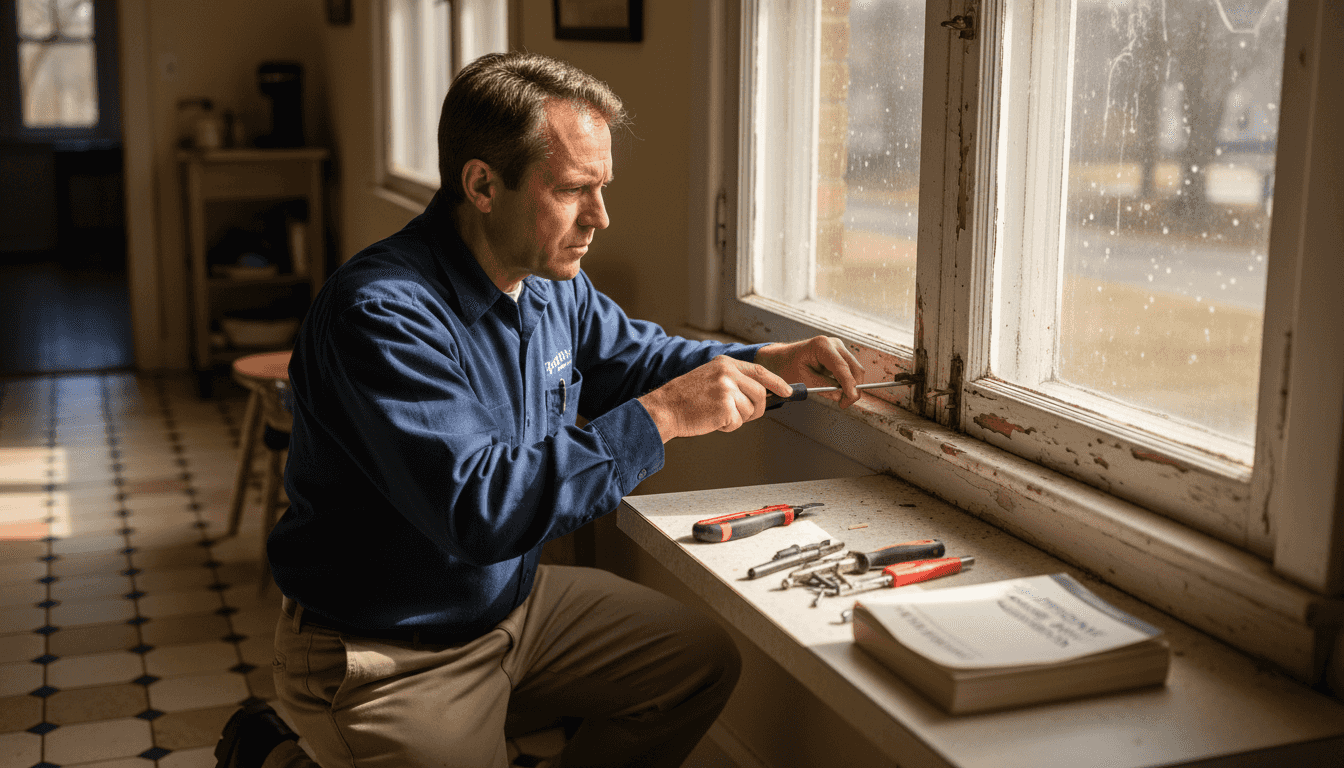 Man repairing window latch in sunlit kitchen