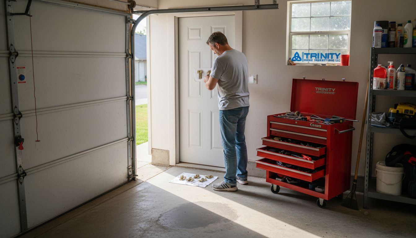 Homeowner setting up to install self-closing garage door hinges
