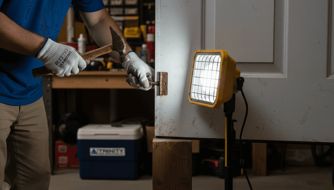 Close-up removing hinge pin from garage door