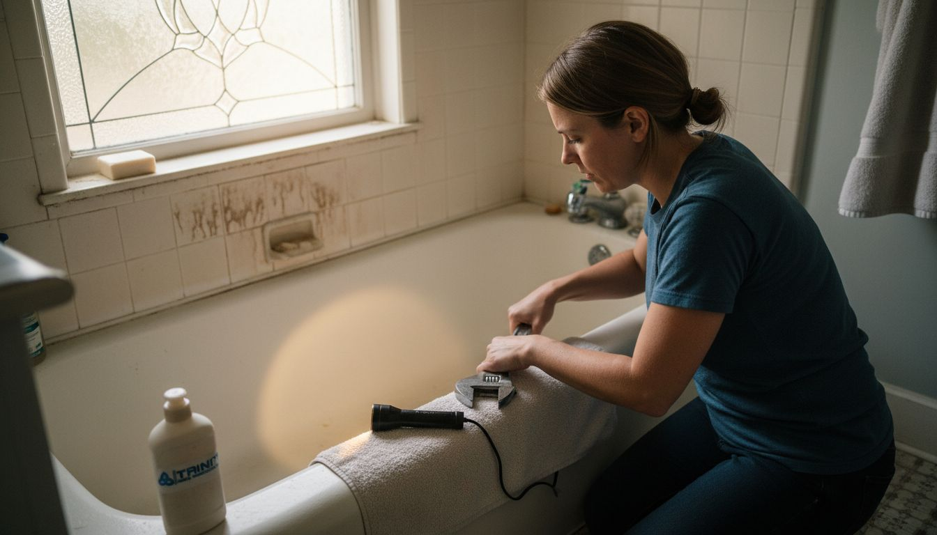 Homeowner removing a bathroom tub drain