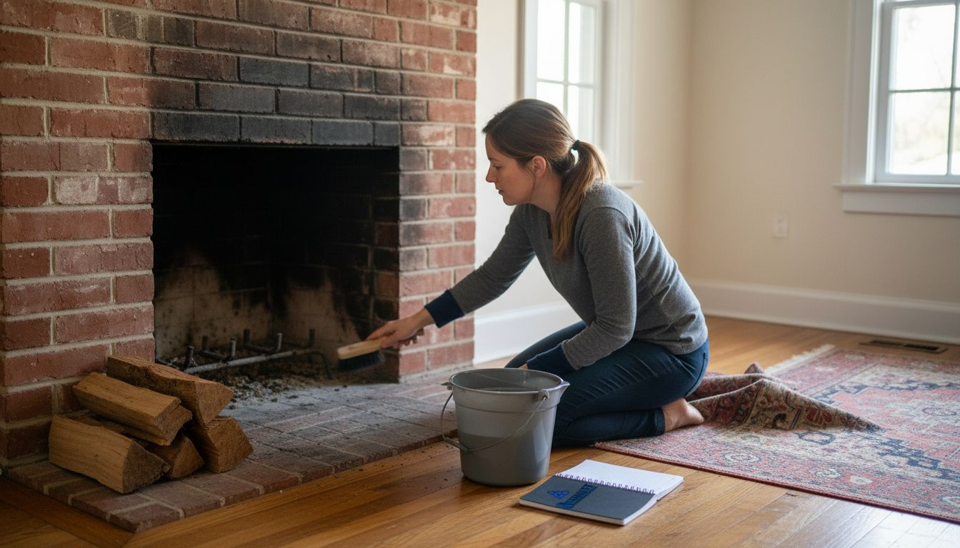 Homeowner cleaning soot from brick fireplace