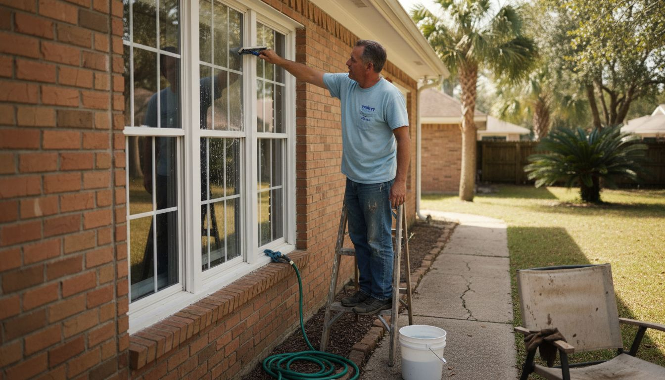 Homeowner cleaning outside window with squeegee