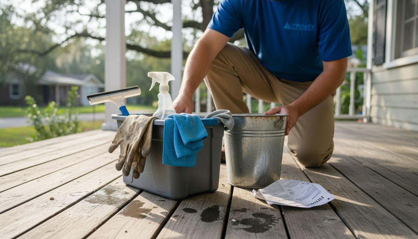 Window cleaning tools set on porch