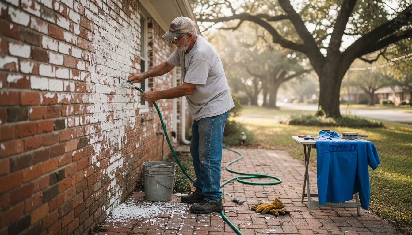 Homeowner scraping paint from brick wall