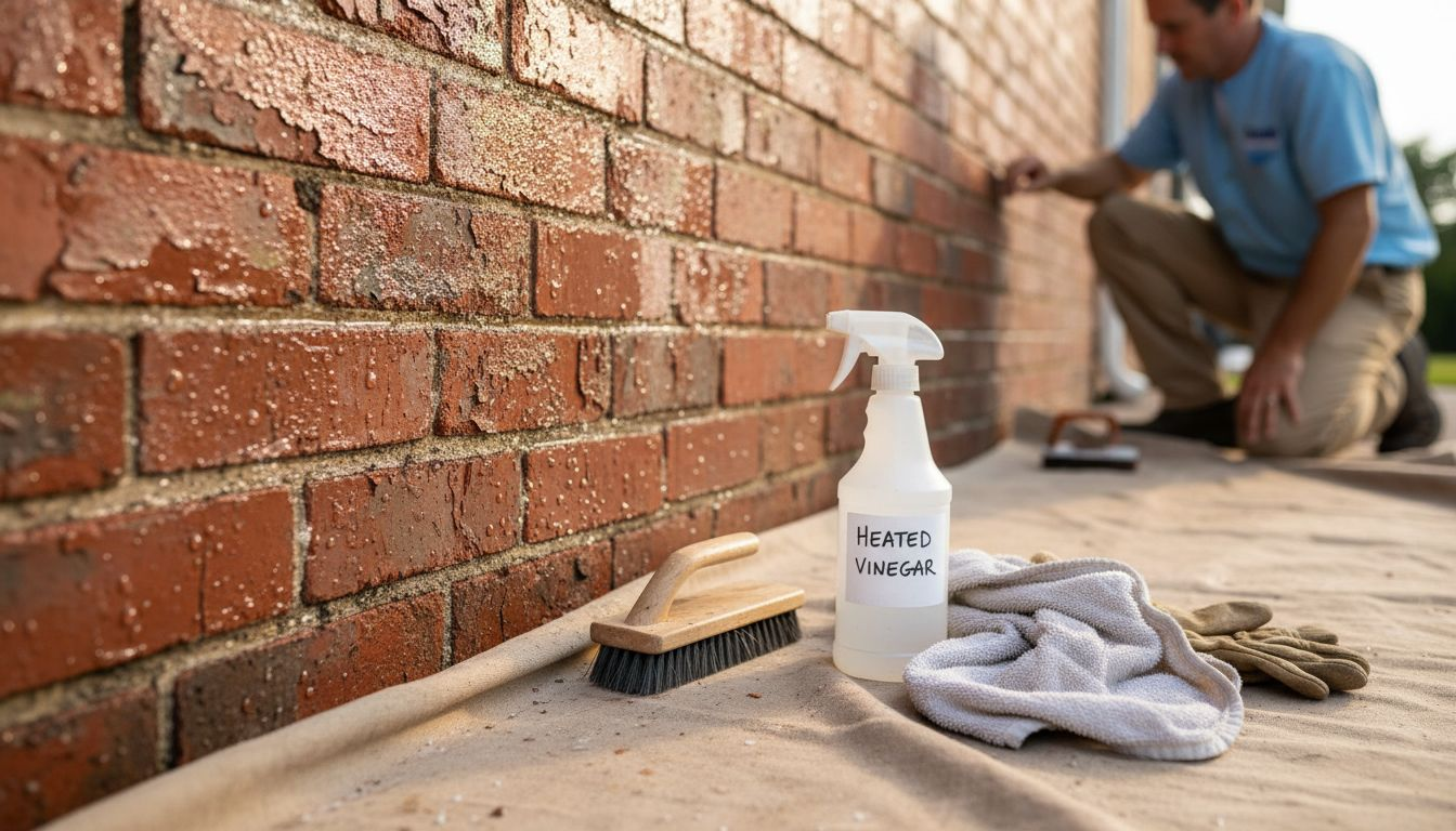 Brick wall with cleaning tools and peeling paint