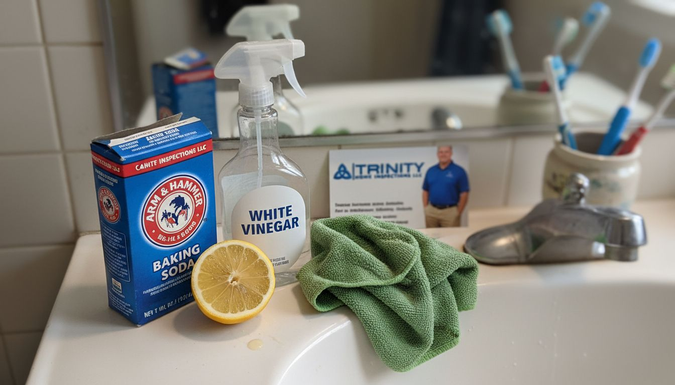 Sink cleaning supplies on porcelain basin