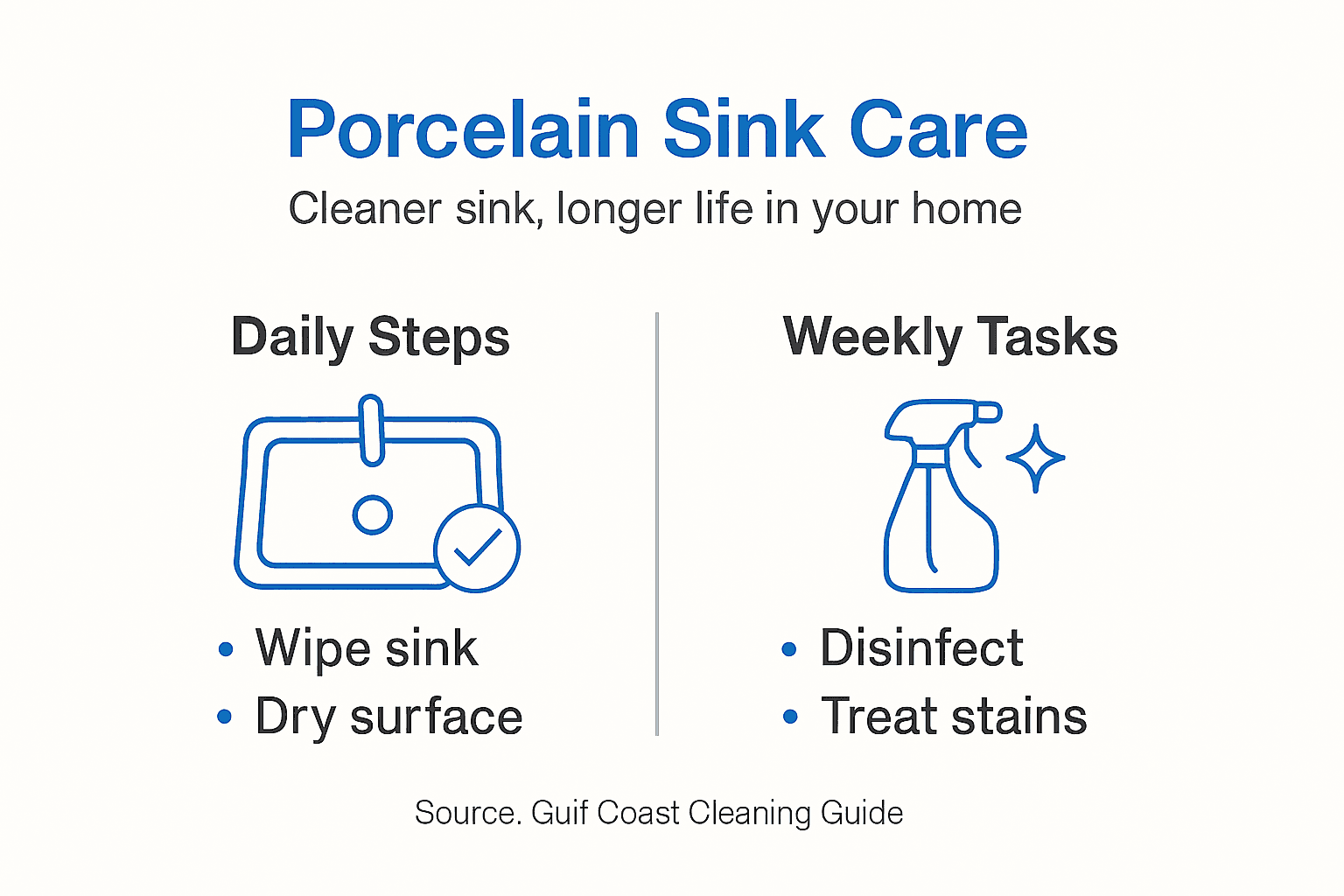 Infographic showing porcelain sink care steps