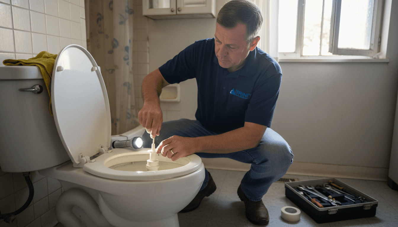 Homeowner adjusting toilet float in open tank