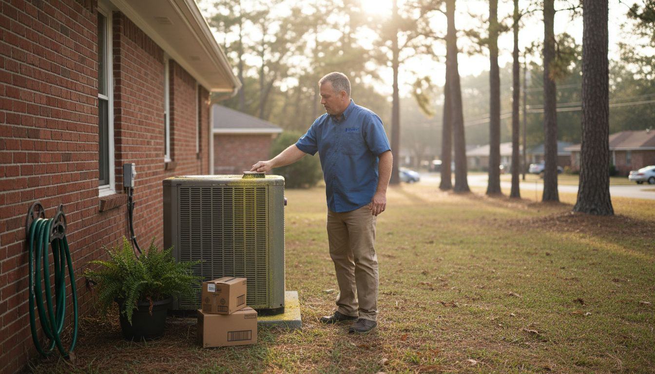 Homeowner cleaning outdoor HVAC unit in sun