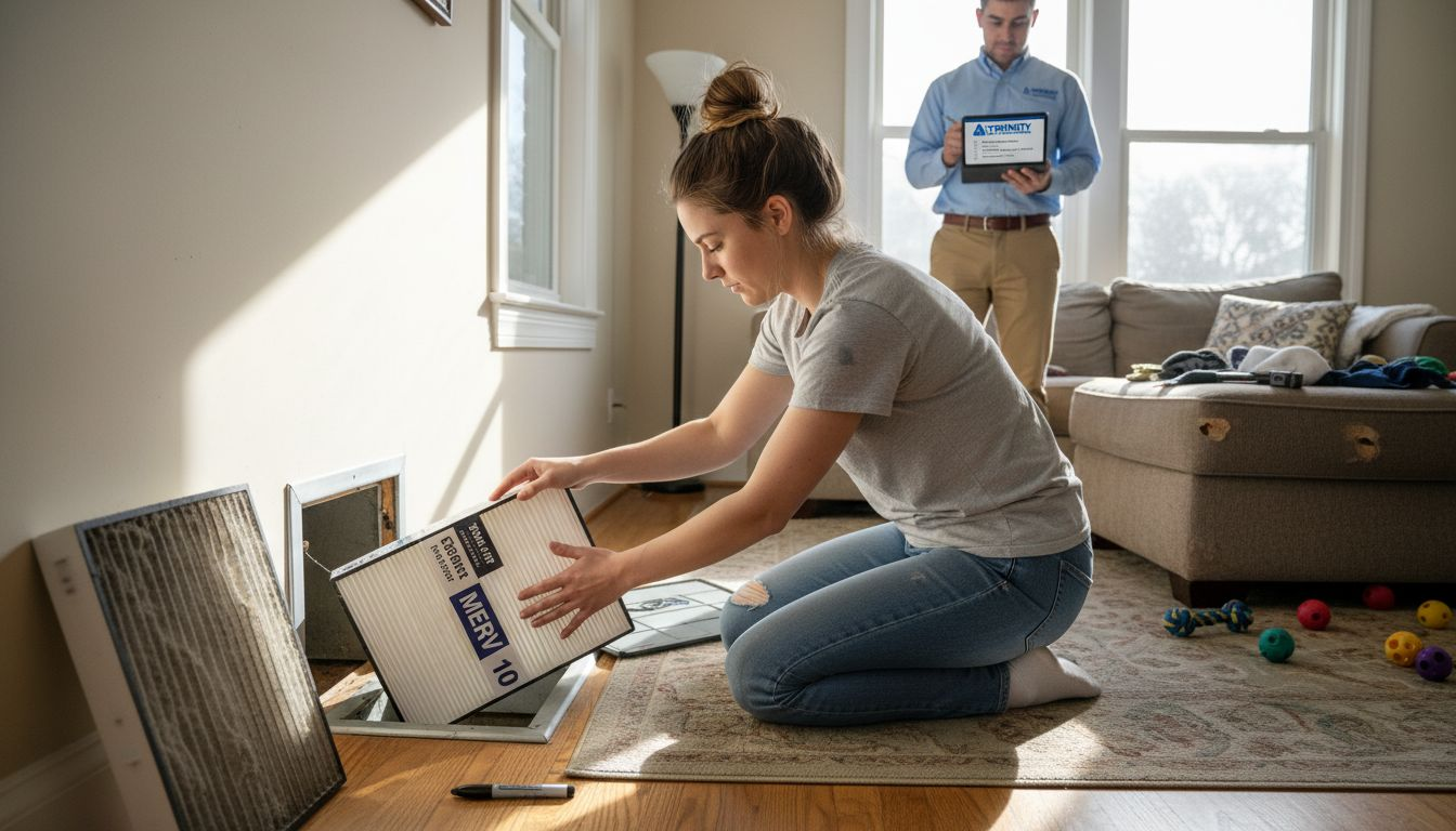 Person replacing HVAC filter in living room