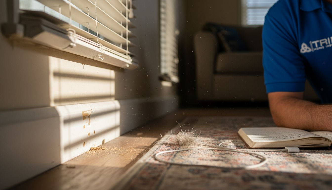 Tiny termite holes in wooden baseboard closeup