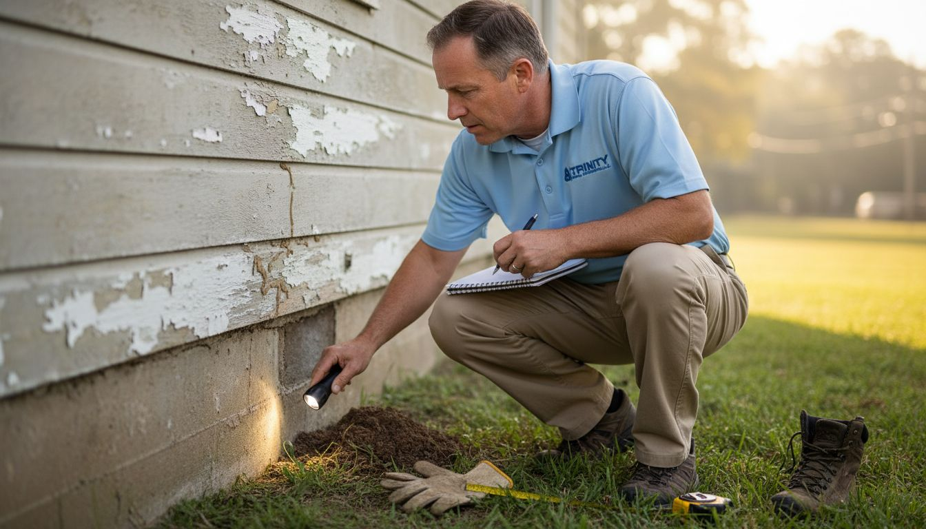 Inspector checking for termite damage outside home