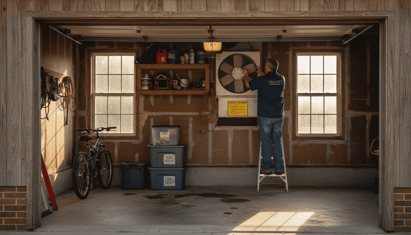 Homeowner adjusting garage ventilation fan Alabama