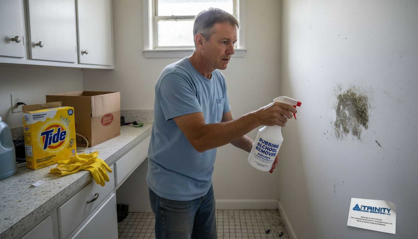 Homeowner spraying alcohol on moldy wall