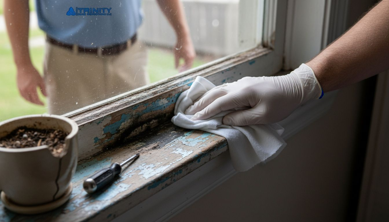 Gloved hand using alcohol on moldy sill