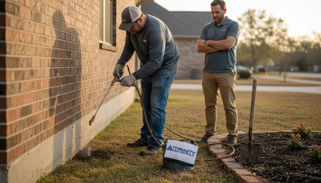 Specialist applies termiticide near flower bed