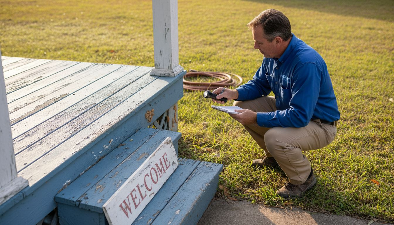 Technician inspecting Gulf Coast porch for termites