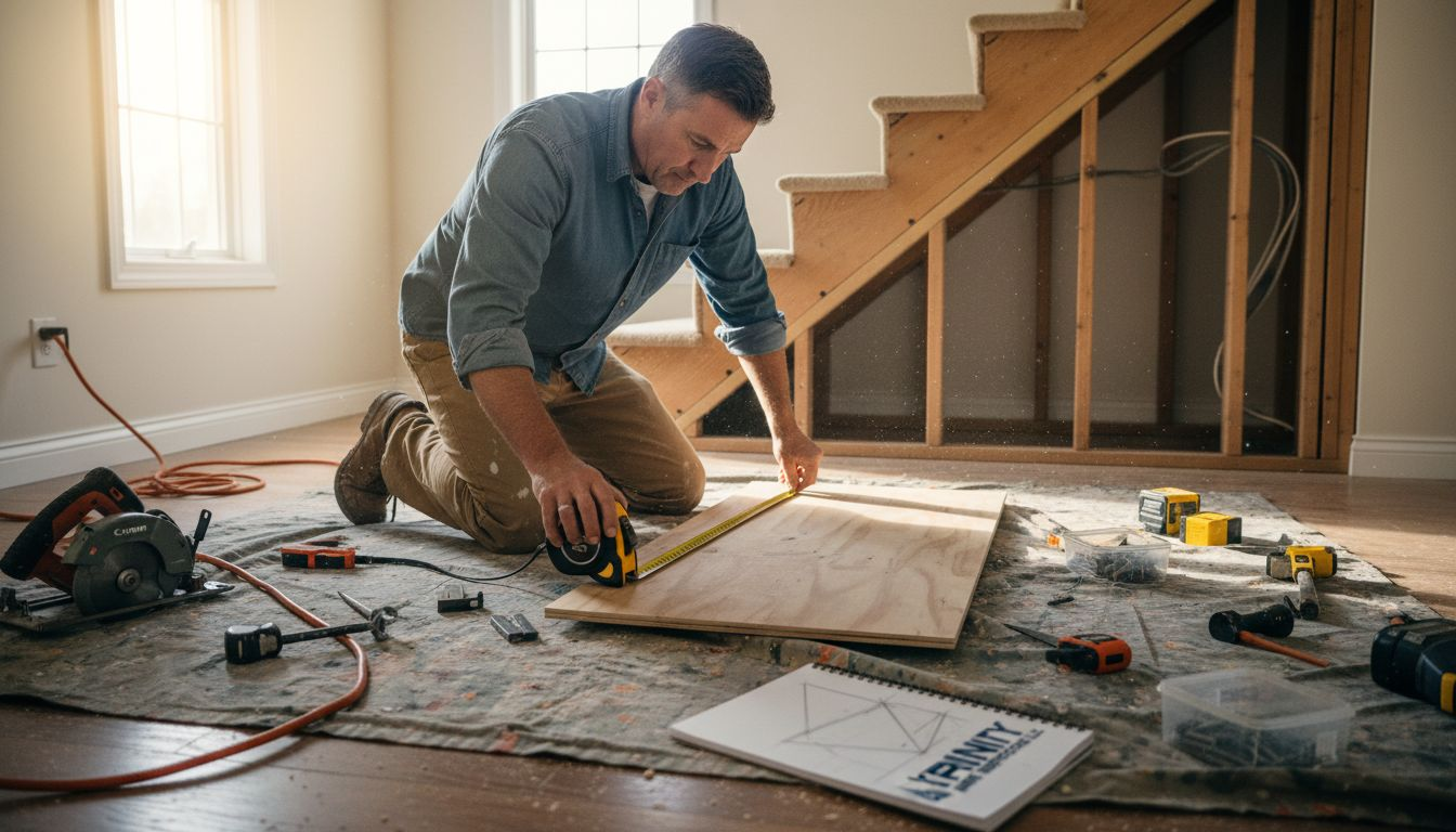 Carpenter designing under stairs storage layout