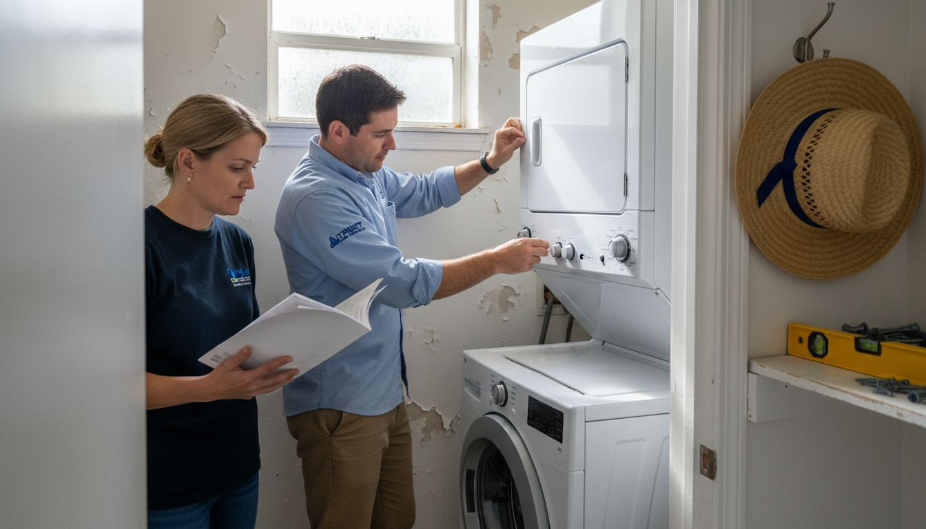 Couple installing stackable washer in condo