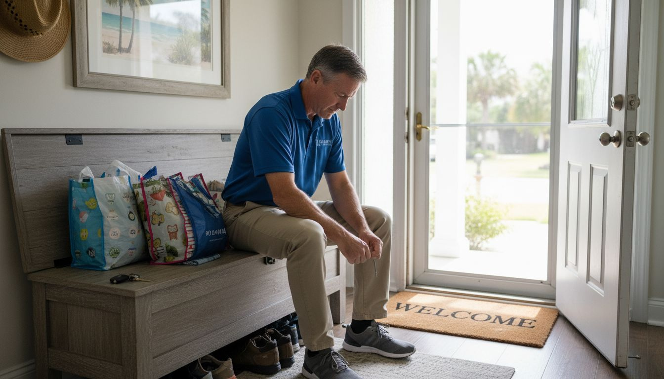 Man ties shoes on entryway storage bench