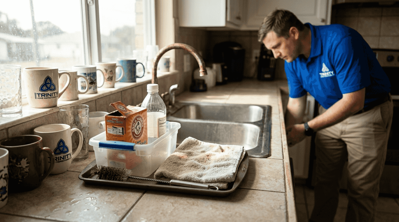 Drain clearing supplies organized on counter