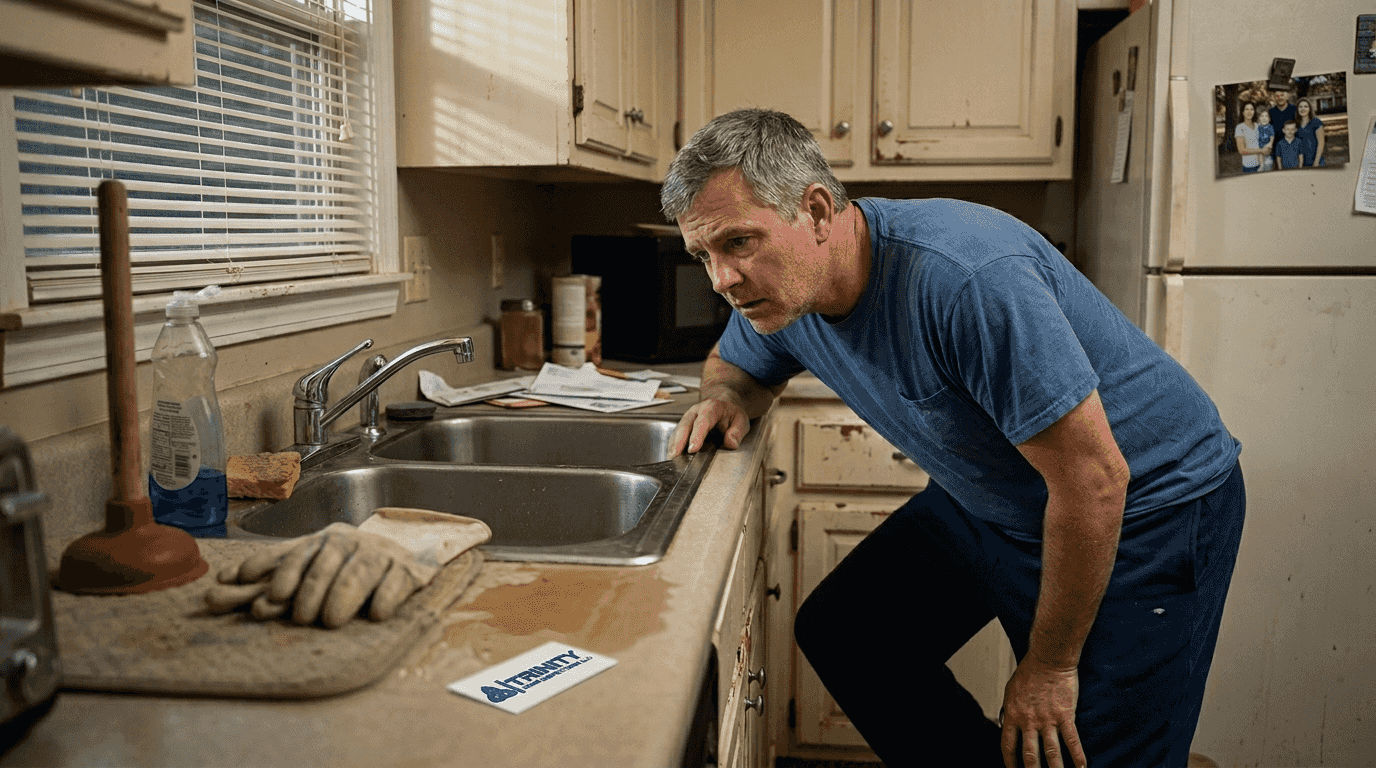 Homeowner inspecting clogged kitchen drain