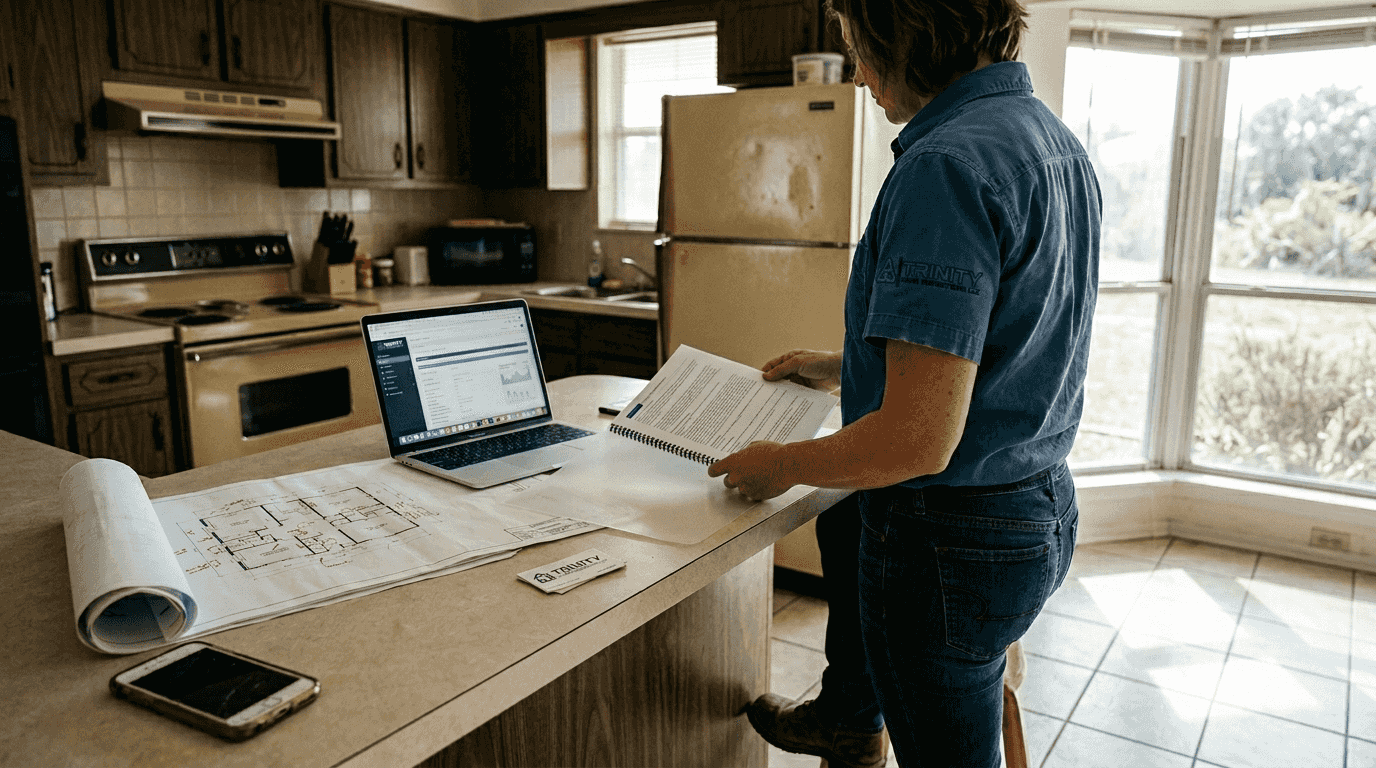 Inspector reviews home report in kitchen