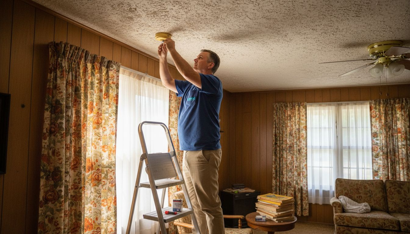 Man replacing old smoke alarm in living room