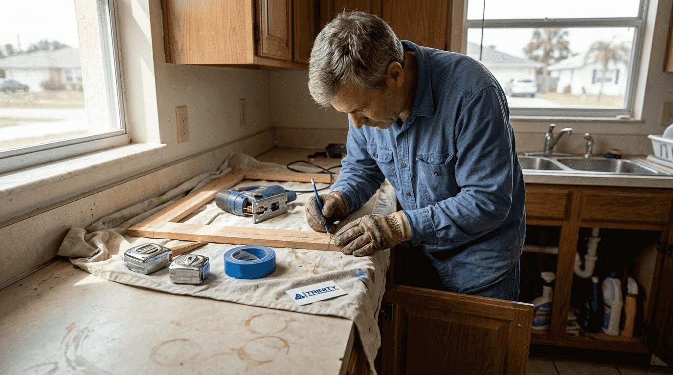 DIYer prepping kitchen cabinet for apron sink