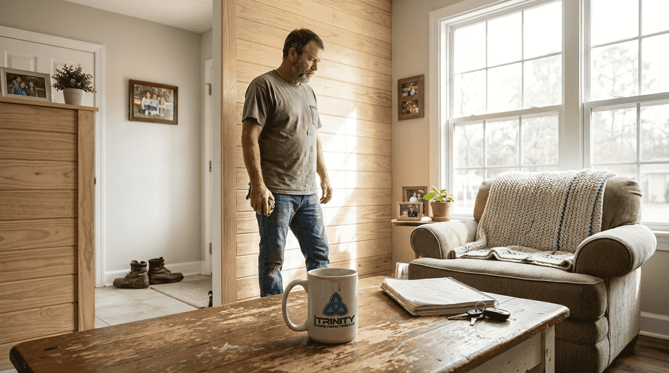 Homeowner showcasing shiplap farmhouse living room