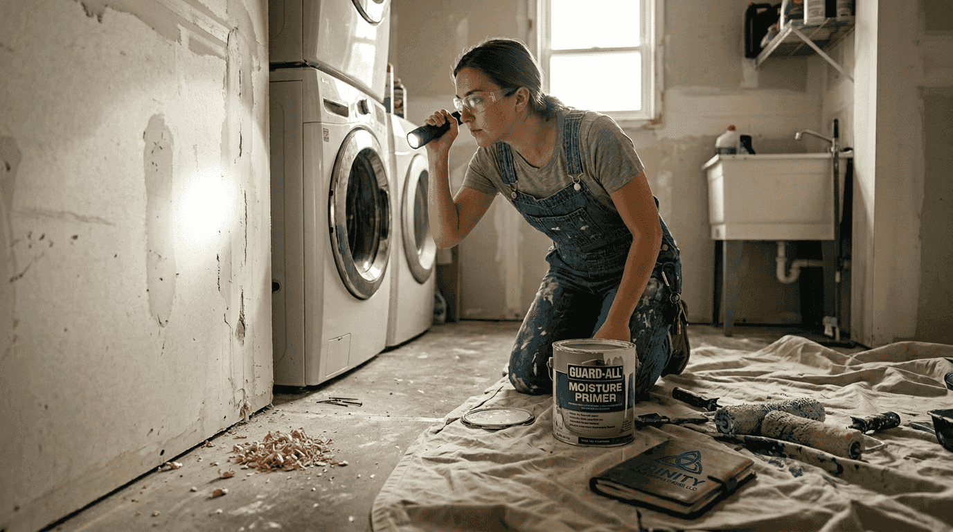 Woman inspects wall before shiplap install