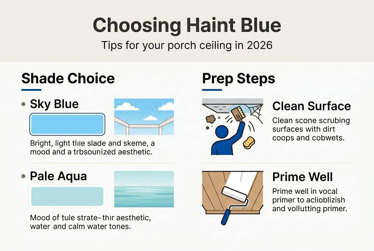 Infographic on choosing haint blue shade and prep steps