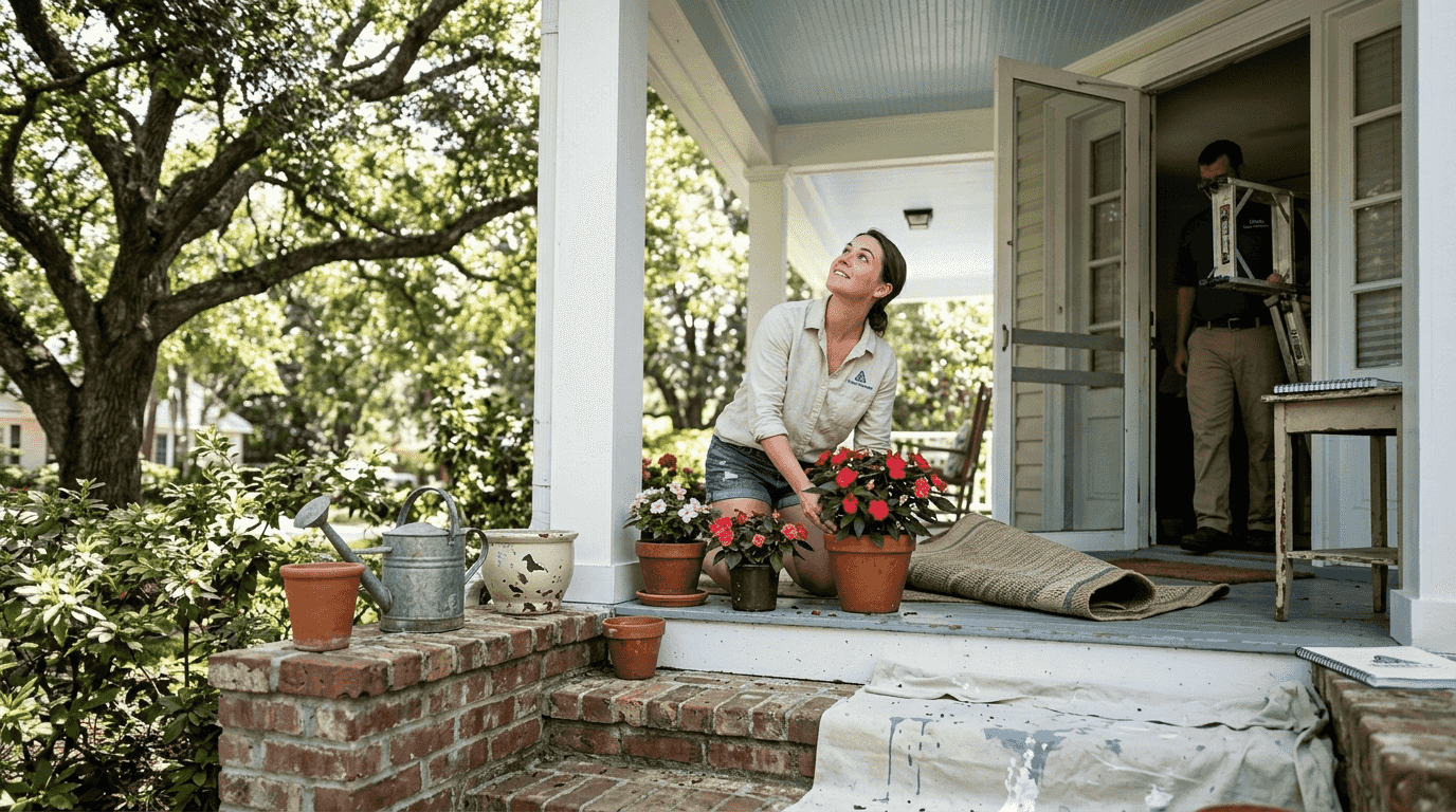 Bright porch with freshly painted blue ceiling