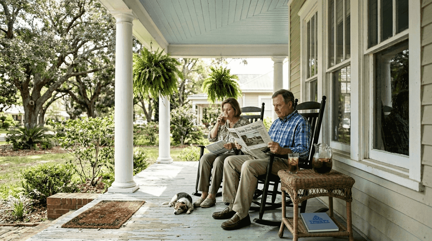 Gulf Coast porch with couple and blue ceiling