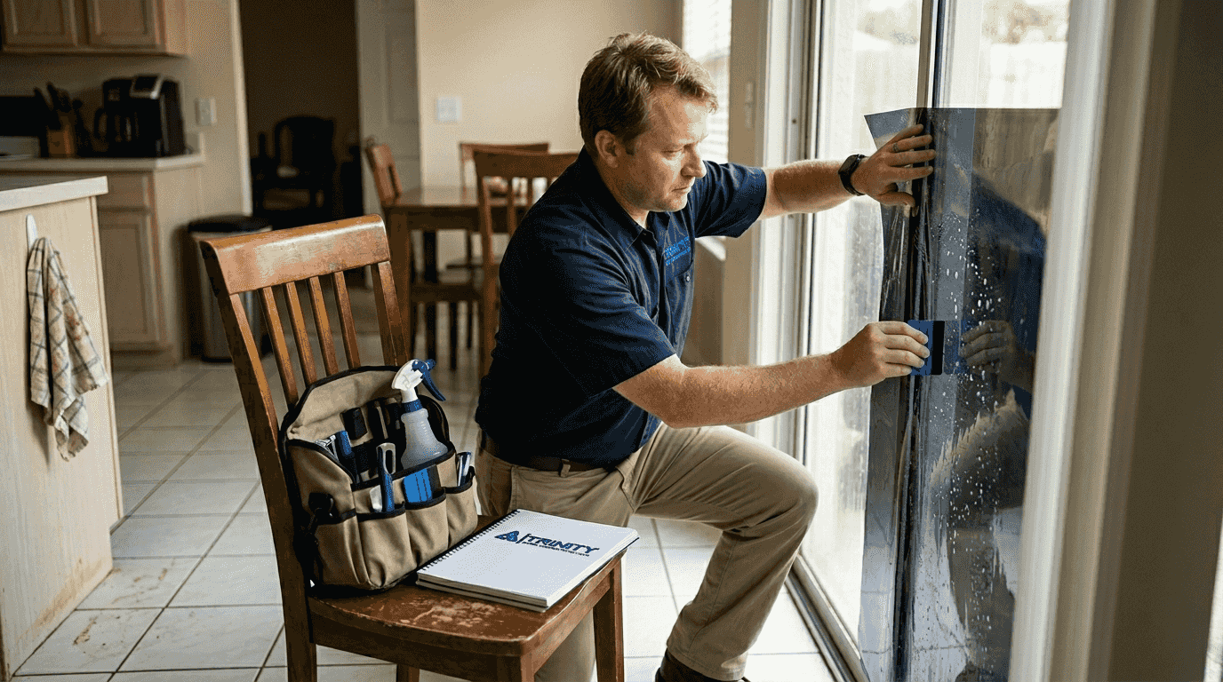 Installer applying window film in coastal home