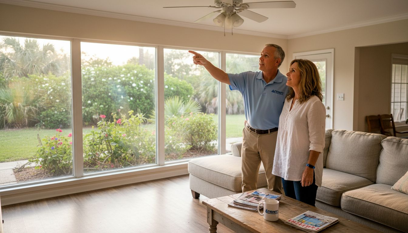 Couple observing tinted windows in sunny living room