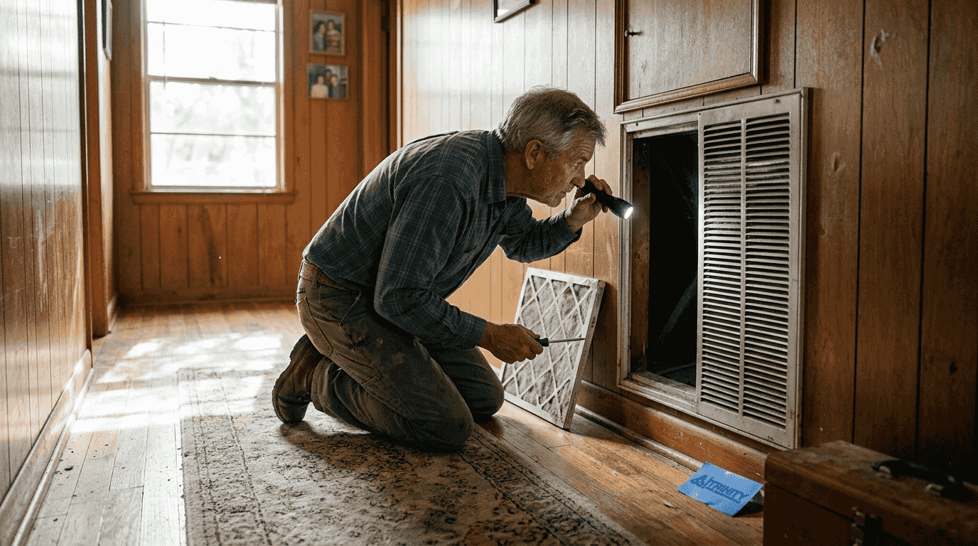 Homeowner inspecting large old cold air vent