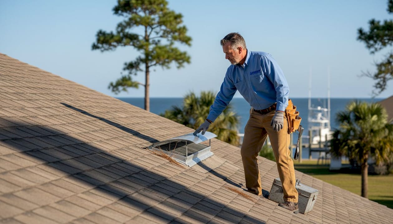 Contractor inspecting ridge vent on Gulf Coast roof