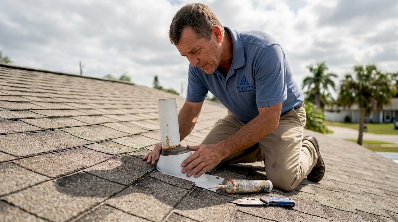 Contractor inspecting roof vent boot on shingle roof